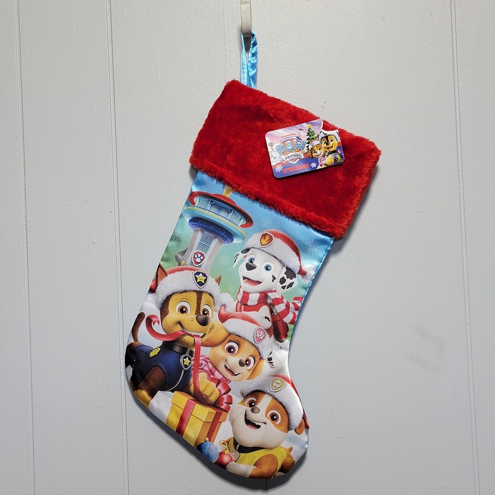 Nickelodeon Paw Patrol Christmas Stocking Blue Red Faux Fur Cuff NWT Kids Decor